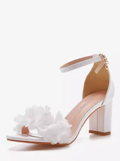 Wedding Shoes PU Leather White Flowers Open Toe Wedding Sandals