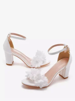 Wedding Shoes PU Leather White Flowers Open Toe Wedding Sandals