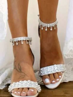 Wedding Shoes PU Leather White Rhinestones Open Toe Wedding Sandals