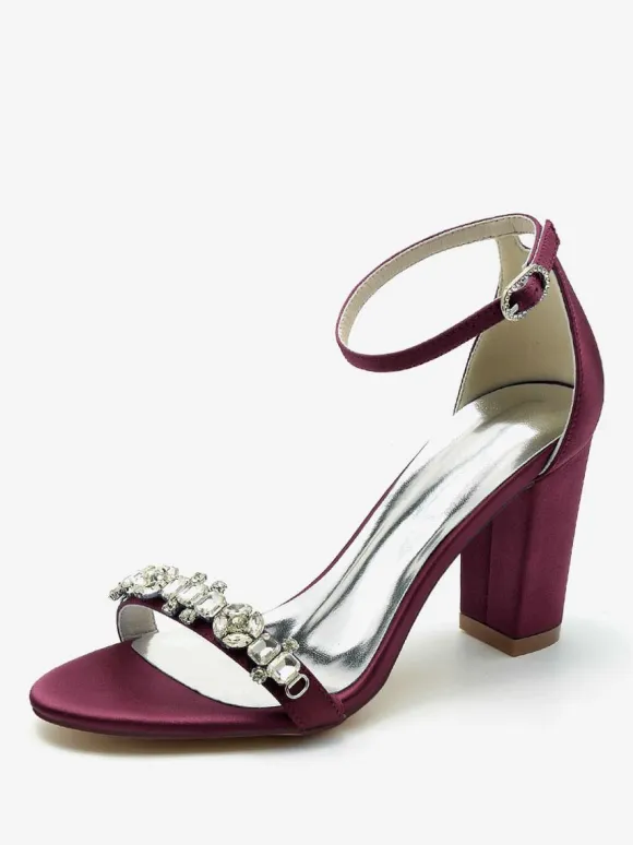 Wedding Shoes Satin Burgundy Rhinestones Open Toe Wedding Sandals