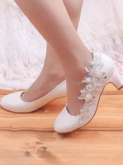 Wedding Shoes Satin Ivory Round Toe Embroidered Chunky Heel Mid Bridal Pump