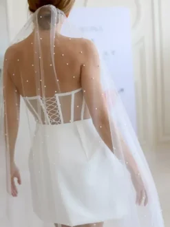 Wedding Veil One-Tier Pearls Net Cut Edge Waterfall Bridal Veil