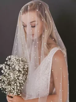 Wedding Veil One-Tier Pearls Net Cut Edge Waterfall Bridal Veil