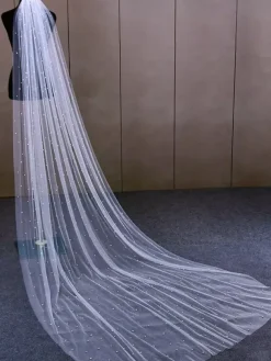 Wedding Veil One-Tier Pearls Net Cut Edge Waterfall Bridal Veil