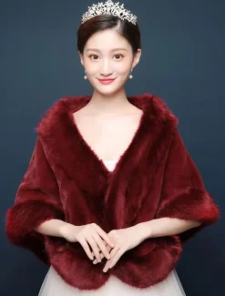 Wedding Wrap Faux Fur Shawl Burgundy Jacket Bridal Winter Cover Ups