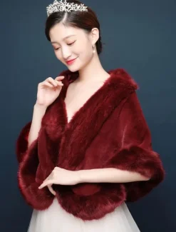 Wedding Wrap Faux Fur Shawl Burgundy Jacket Bridal Winter Cover Ups