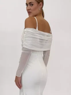 Wedding Wraps Ivory Long Sleeves Bateau Neck Shawls Polyester Pleated Bridal Cover Up