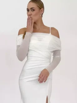 Wedding Wraps Ivory Long Sleeves Bateau Neck Shawls Polyester Pleated Bridal Cover Up