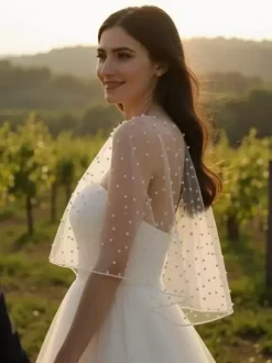 Wedding Wrap Soft Pink Half Sleeves Scoop Neck Cap Sleeves Shawls Tulle Pearls Bridal Cover Up