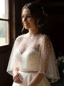 Wedding Wrap Soft Pink Half Sleeves Scoop Neck Cap Sleeves Shawls Tulle Pearls Bridal Cover Up