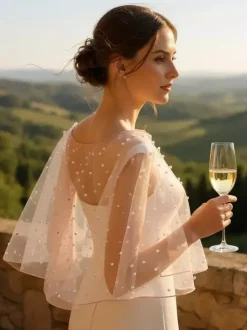 Wedding Wrap Soft Pink Half Sleeves Scoop Neck Cap Sleeves Shawls Tulle Pearls Bridal Cover Up