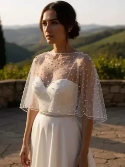 Wedding Wrap Soft Pink Half Sleeves Scoop Neck Cap Sleeves Shawls Tulle Pearls Bridal Cover Up