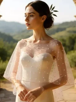 Wedding Wrap Soft Pink Half Sleeves Scoop Neck Cap Sleeves Shawls Tulle Pearls Bridal Cover Up