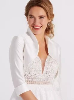 Wedding Wraps White 3/4 Length Sleeves Designed Neckline Tops Satin Fabric Bridal Cover Ups