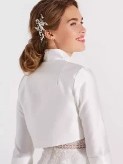 Wedding Wraps White 3/4 Length Sleeves Designed Neckline Tops Satin Fabric Bridal Cover Ups