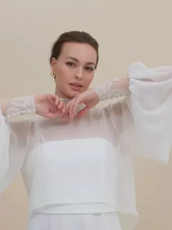 Wedding Wraps White Long Sleeves Jewel Neck Lantern Sleeve Shawls Chiffon Lace Bridal Cover Ups