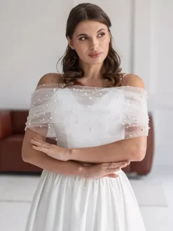 Wedding Wraps White Long Sleeves Bateau Neck Illusion Sleeves Shawls Tulle Pearls Bridal Cover Up