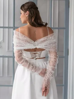Wedding Wraps White Long Sleeves Bateau Neck Illusion Sleeves Shawls Tulle Pearls Bridal Cover Up
