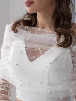 Wedding Wraps White Long Sleeves Bateau Neck Illusion Sleeves Shawls Tulle Pearls Bridal Cover Up
