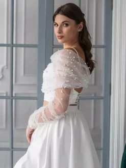 Wedding Wraps White Long Sleeves Bateau Neck Illusion Sleeves Shawls Tulle Pearls Bridal Cover Up
