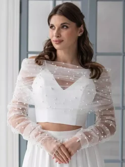 Wedding Wraps White Long Sleeves Bateau Neck Illusion Sleeves Shawls Tulle Pearls Bridal Cover Up