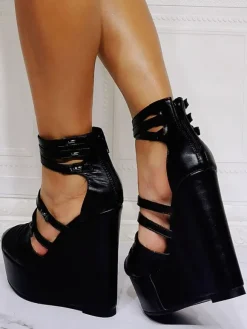 Wedge Sandals Black Closed Toe Stiletto Heel PU Leather Black Ankle Strap Wedge Heels