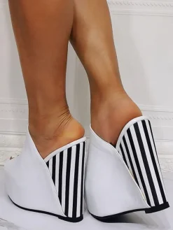 Wedge Sandals White Open Toe PU Leather Slip-On High Heel Mules