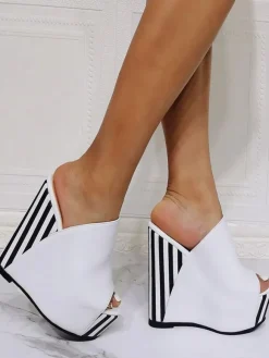 Wedge Sandals White Open Toe PU Leather Slip-On High Heel Mules