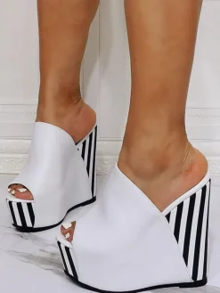 Wedge Sandals White Open Toe PU Leather Slip-On High Heel Mules