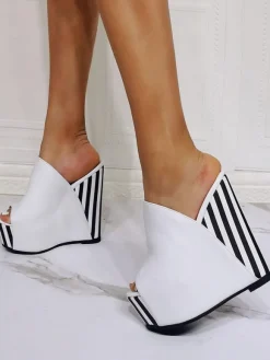 Wedge Sandals White Open Toe PU Leather Slip-On High Heel Mules
