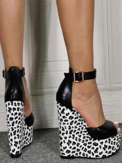 Wedge Shoes For Lady Classic Peep Toe Wedge Heel Slip-On Woman's Plus Size Leopard Women's Sandals