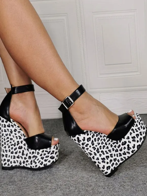 Wedge Shoes For Lady Classic Peep Toe Wedge Heel Slip-On Woman's Plus Size Leopard Women's Sandals