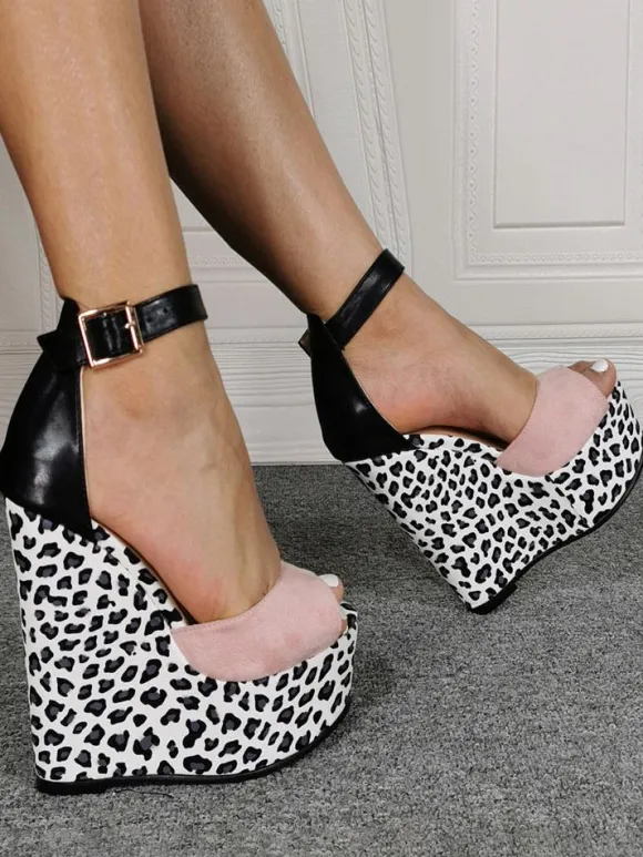 Wedge Shoes For Lady Classic Peep Toe Wedge Heel Slip-On Woman's Plus Size Leopard Women's Sandals
