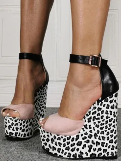 Wedge Shoes For Lady Classic Peep Toe Wedge Heel Slip-On Woman's Plus Size Leopard Women's Sandals