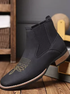 Western Cowboy Boots For Men Square Toe Chelsea Boots Ankle Casual Retro Embroidery Boots