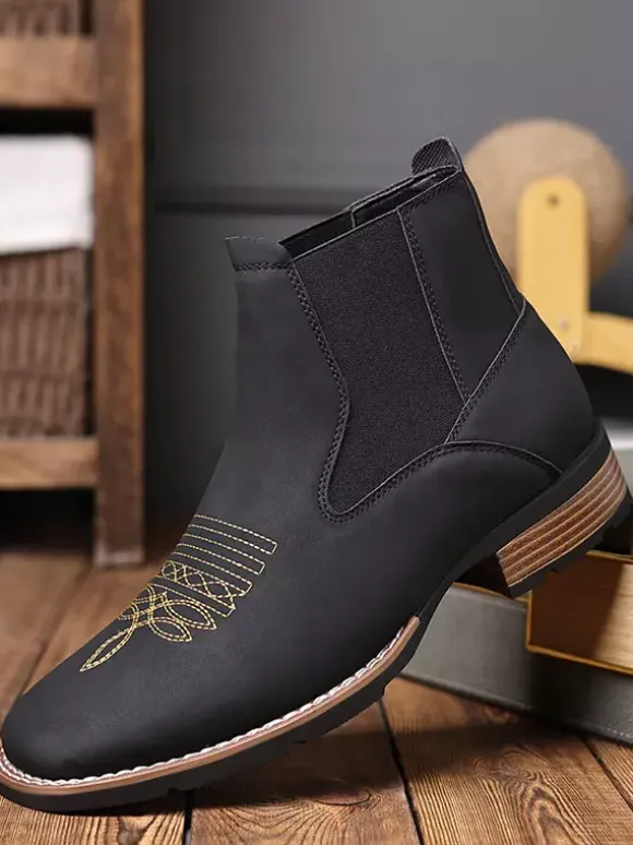 Western Cowboy Boots For Men Square Toe Chelsea Boots Ankle Casual Retro Embroidery Boots