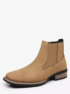 Western Cowboy Boots For Men Square Toe Chelsea Boots Ankle Casual Retro Embroidery Boots