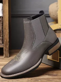 Western Cowboy Boots For Men Square Toe Chelsea Boots Ankle Casual Retro Embroidery Boots