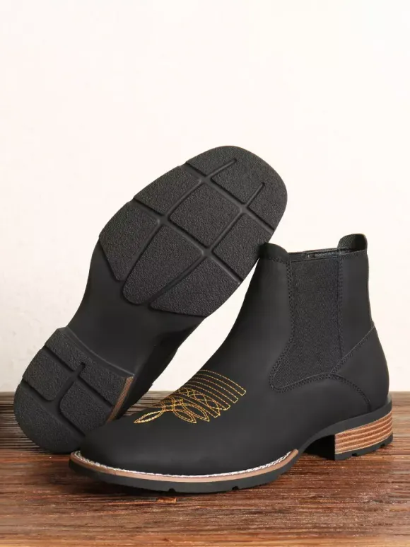 Western Cowboy Boots For Men Square Toe Chelsea Boots Ankle Casual Retro Embroidery Boots