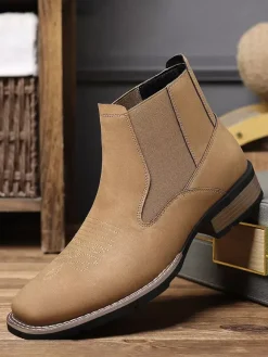 Western Cowboy Boots For Men Square Toe Chelsea Boots Ankle Casual Retro Embroidery Boots