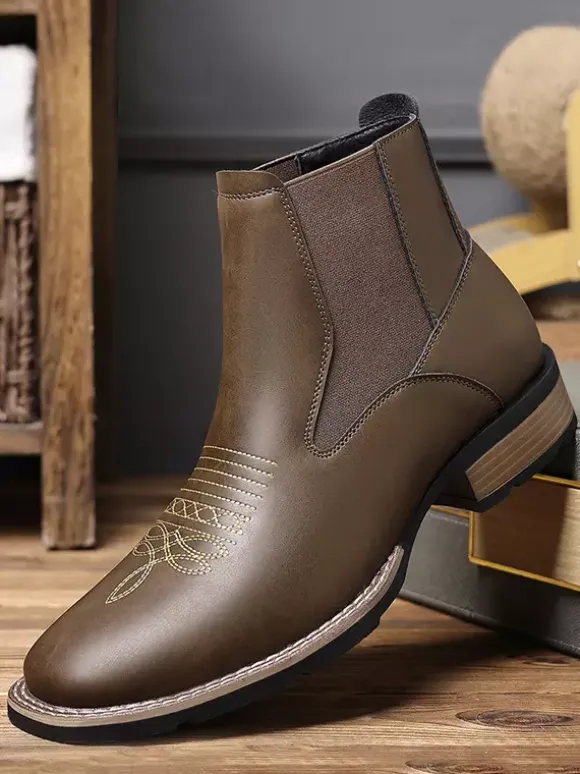 Western Cowboy Boots For Men Square Toe Chelsea Boots Ankle Casual Retro Embroidery Boots