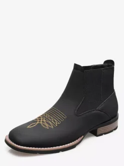 Western Cowboy Boots For Men Square Toe Chelsea Boots Ankle Casual Retro Embroidery Boots