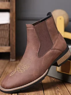 Western Cowboy Boots For Men Square Toe Chelsea Boots Ankle Casual Retro Embroidery Boots