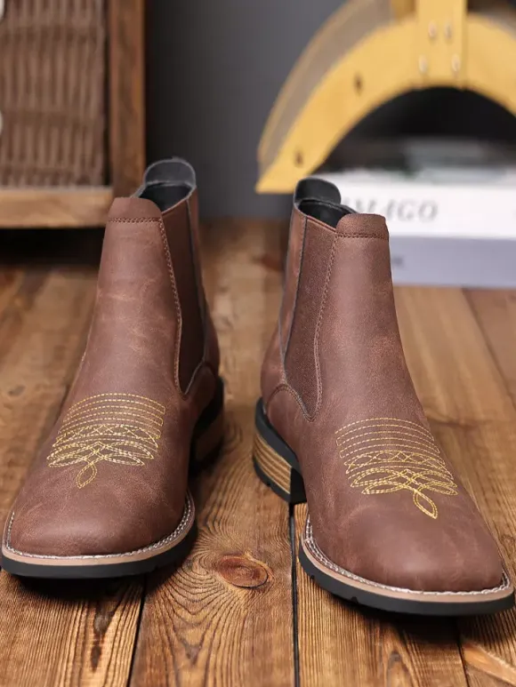 Western Cowboy Boots For Men Square Toe Chelsea Boots Ankle Casual Retro Embroidery Boots