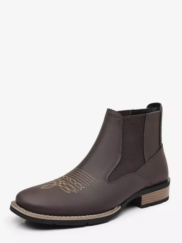 Western Cowboy Boots For Men Square Toe Chelsea Boots Ankle Casual Retro Embroidery Boots