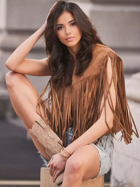Western Cowgirl Fringe Vest Crew Neck Bohemian Spring Suede Jacket For Women 2026