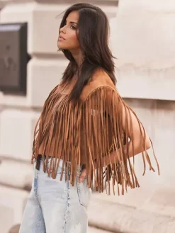Western Cowgirl Fringe Vest Crew Neck Bohemian Spring Suede Jacket For Women 2026