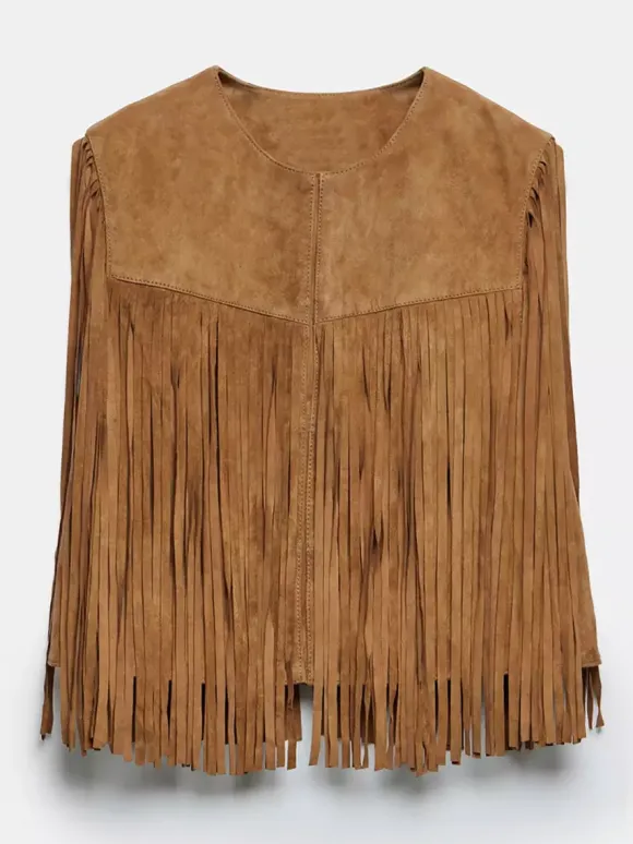 Western Cowgirl Fringe Vest Crew Neck Bohemian Spring Suede Jacket For Women 2026