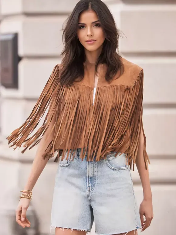Western Cowgirl Fringe Vest Crew Neck Bohemian Spring Suede Jacket For Women 2026