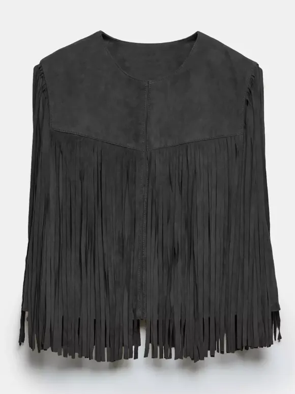 Western Cowgirl Fringe Vest Crew Neck Bohemian Spring Suede Jacket For Women 2026